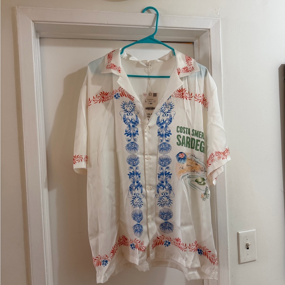 Zara White Shirt with Blue and Red Accents